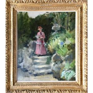 Lady In The Garden, Crespin Adolphe, Brussels 1859 - 1944, Belgian Painter