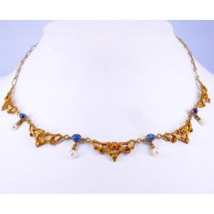 Collar 1900 Gold Sapphires And Pearls