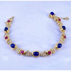 Rivière Bracelet Yellow Gold Sapphires Cabochons Rubies And Diamonds
