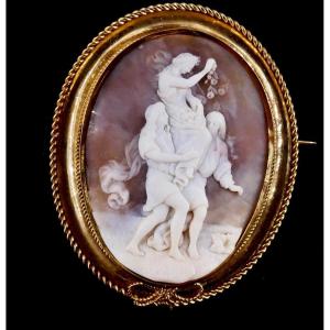 Large Gold Shell Cameo Country Party Scene 19th
