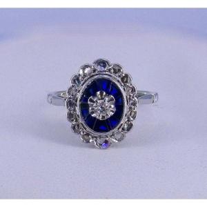 Verneuil Calibrated Sapphire Diamonds Oval Ring 1930s