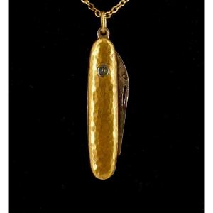 Hammered Yellow Gold And Steel Knife Pendant
