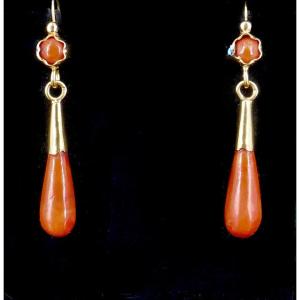 Pair Of Yellow Gold And Coral Pendant Earrings 
