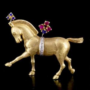 Parade Horse Brooch With Rubies, Sapphires, And Diamonds 
