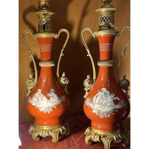 Pair Of Lamps, Decorated With Cherubs In Grisaille. Napoleon III Period