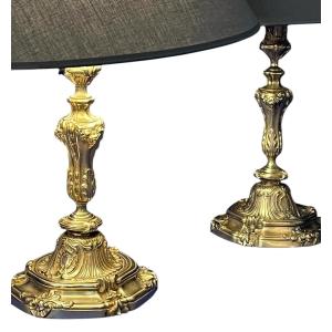 Pair Of Candlesticks Mounted As Lamps, In Gilt Bronze. Louis XV Style. 19th Century Period