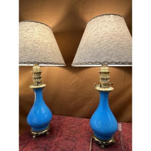 Pair Of Opaline Lamps. Period: Late 19th Century.