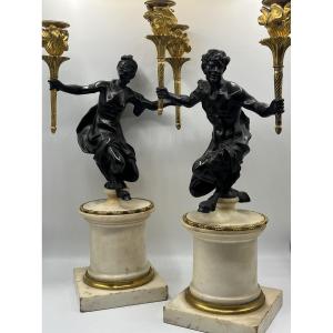 Pair Of Candelabras, Decorated With Fauns. Directoire Period