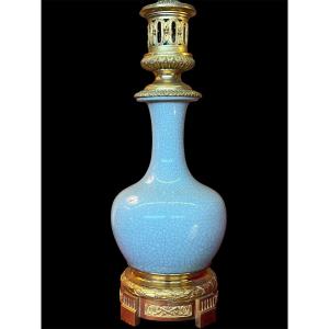 Lamp In Crackled Celadon Porcelain. Napoleon 3 Period
