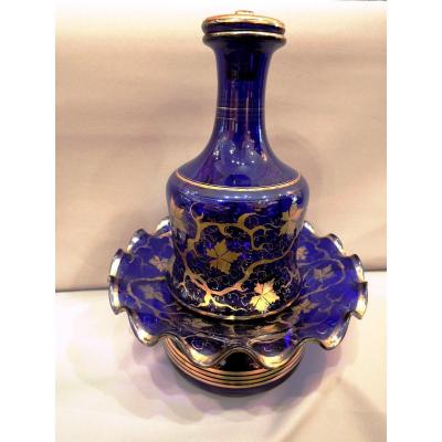Carafe And Its Support In Blue Crystal. Louis Philippe Period