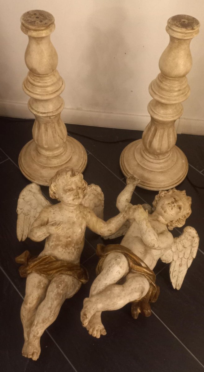 Coppia di angeli alati in legno laccato, seduti, del XVIII secolo-photo-6