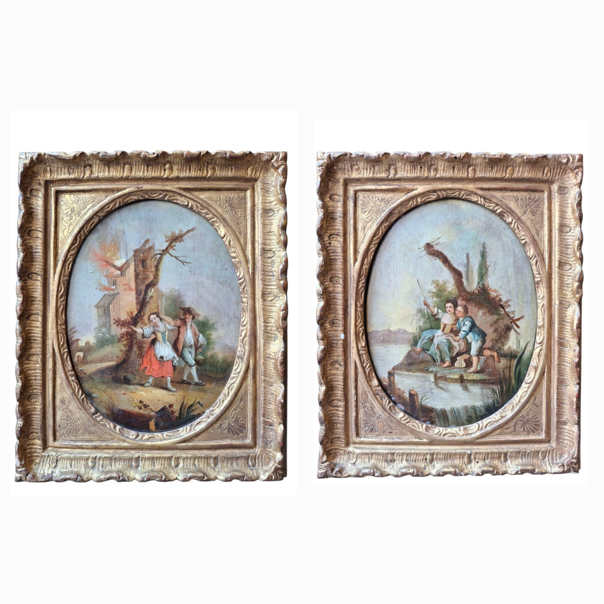 Coppia di dipinti raffiguranti scene animate