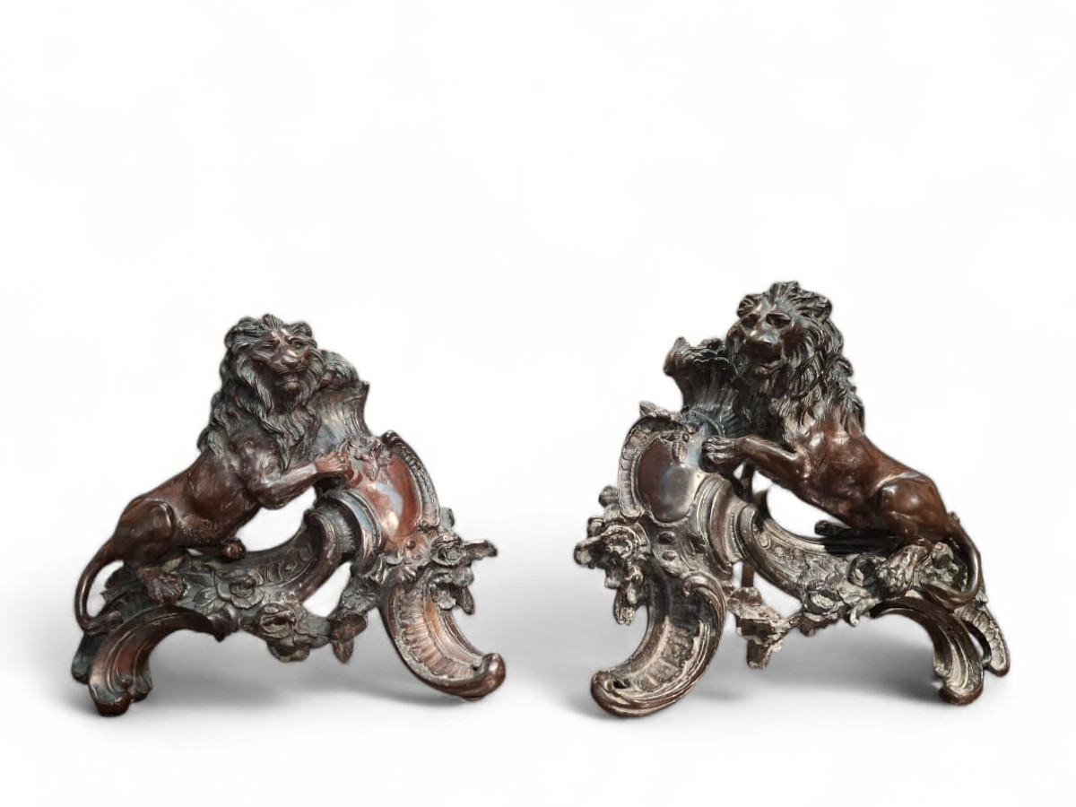 Coppia di leoni rampanti in bronzo
