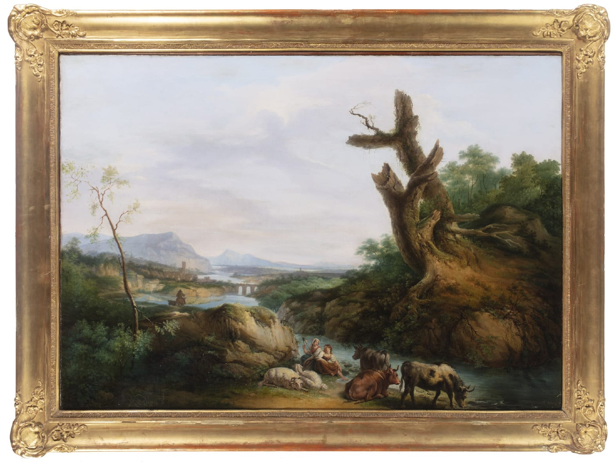 Dipinto refigurante paesaggio bucolico