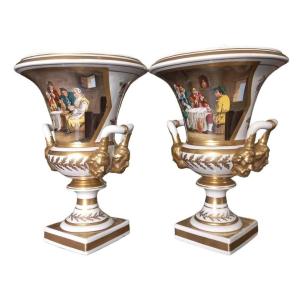 Coppia di vasi a cratere in porcellana Vecchia Parigi