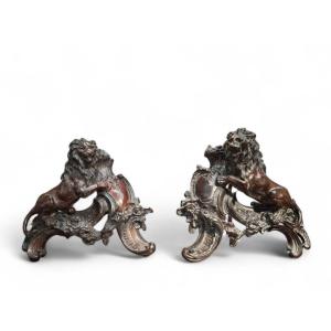 Coppia di leoni rampanti in bronzo
