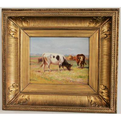 J-desvareux Larpenteur "cows Au Pré" Oil On Panel