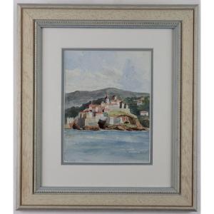 Watercolour, French School Of The XIXth Century, The Fortified Village.