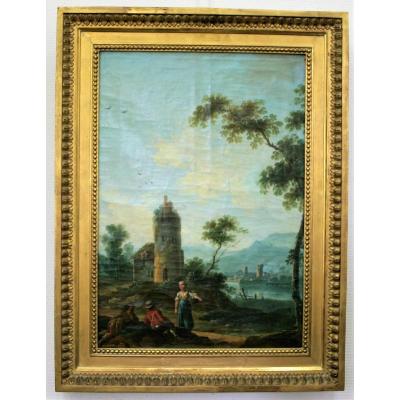 Oil On Canvas, Animated Landscape, 18th Century French School, Follower De Lacroix De Marse