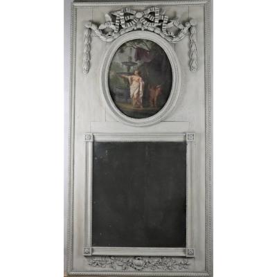 Trumeau Louis XVI Carved Wood And Lacquered Patinated Gray Trianon, Eighteenth Time
