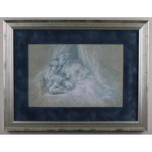 " le baiser", dessin érotique, craie bleue et blanche, XIXeme siècle, cadre moderne