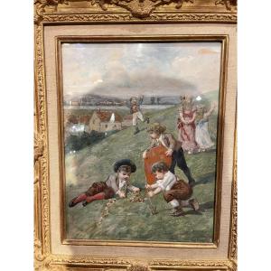 Auguste Joseph Trupheme (1836-1898) Children Playing On The Hill, Watercolor 