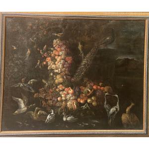 Jan Pauwel Gillemans The Younger (1651-1704) "landscape With Exotic Fruits And Birds"  