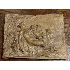 Terracotta Bas-relief Of A Satyr Playing With Two Children Claude-michel Dit