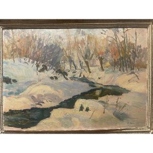 Zdzisław Przebindowski (kraków 1902- 1986 Kraków ( Pre-war Snow Landscape ) Oil On Cardboard