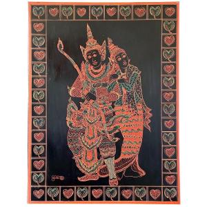 Burma, Mid-20th Century, Lacquer Panel Depicting A Dancer And A Musician.