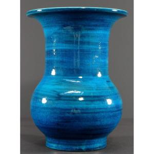 France, 1950s, Glazed Ceramic Vase In Shades Of Blue.