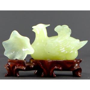 China, 1950s/1960s, Jade Duck And Flower Sculpture.