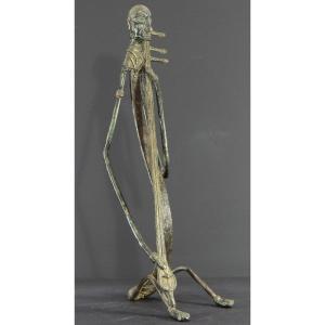 India, Early 20th Century, Rare And Large Tribal Bronze Statue, Saranghi Player. 