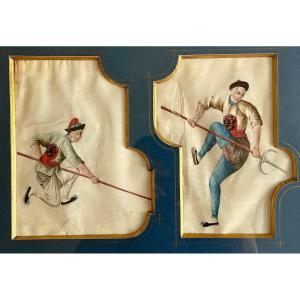 China, Circa 1900, Set Of Two Military Gouaches On Rice Paper With Lances.