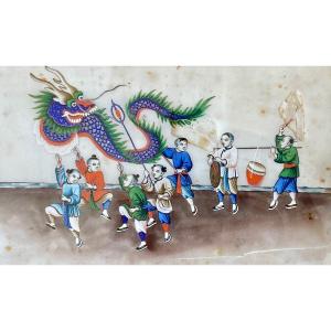 China Around 1900, Gouache On Rice Paper Depicting Children Parading With A Dragon.