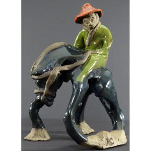 Philippe Rochette-castel (1941-2023) Ceramic Sculpture Depicting A Rider On His Mount