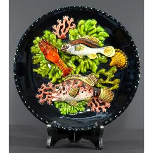 Vallauris, 1950s, Earthenware Plate Decorated With Fish, A Langoustine And Corals.