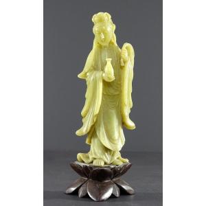 China, 1930s/1950s, Statuette Of Kwan Yin, Goddess Of Mercy, In Green Hard Stone.