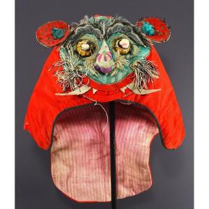 China, Second Half Of The 19th Century, Ceremonial Tiger Bonnet In Embroidered Silk.