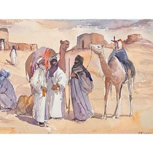 Michel Burbeau, Orientalist Watercolor Animated Scene In An Atlas Village.