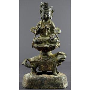 China, Ming Dynasty, Late 14th-early 15th Century, Bronze Statuette Of Majushri On A Lion