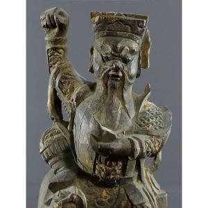 China, 19th Century Or Earlier, Carved Wood Statue Of Chao Kung Ming, God Of Wealth.