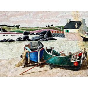 François Szulman, Painting 1970s, View Of Port "breton Boats".
