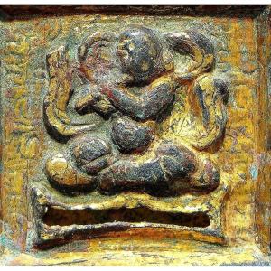 China Tang Dynasty (618-907), Gilt Bronze Belt Plaque, Decorated With A Musician.