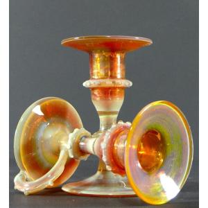 Italy, Most Likely Venice, 1950s, Pair Of Iridescent Blown Glass Candlesticks.