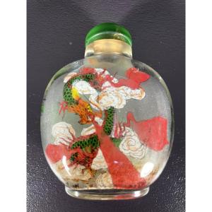 China, Mid-20th Century, Glass Snuff Bottle Painted With A Dragon Inside.