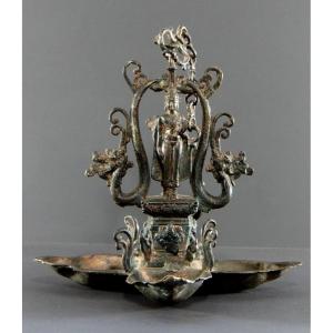 North India, First Half Of The 20th Century, Copper-plated Bronze Temple Lamp With Buddha Decoration.