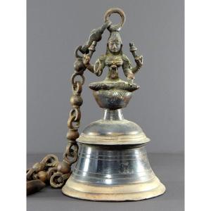 India, Mid-20th Century, Bronze Bell Decorated With A Representation Of The Goddess Tripura.