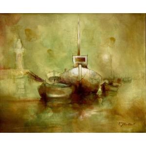 Lucien Joveneaux (1927-1996), Landscape Painting Of Boats In The Port.