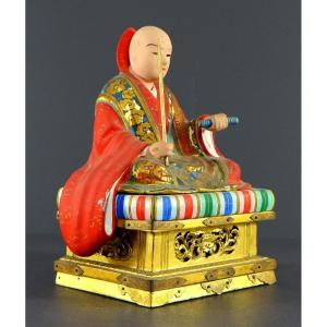 Japan, Early 20th Century, Polychrome Wood And Plaster Statue Of The Monk Nichiren Shonin.